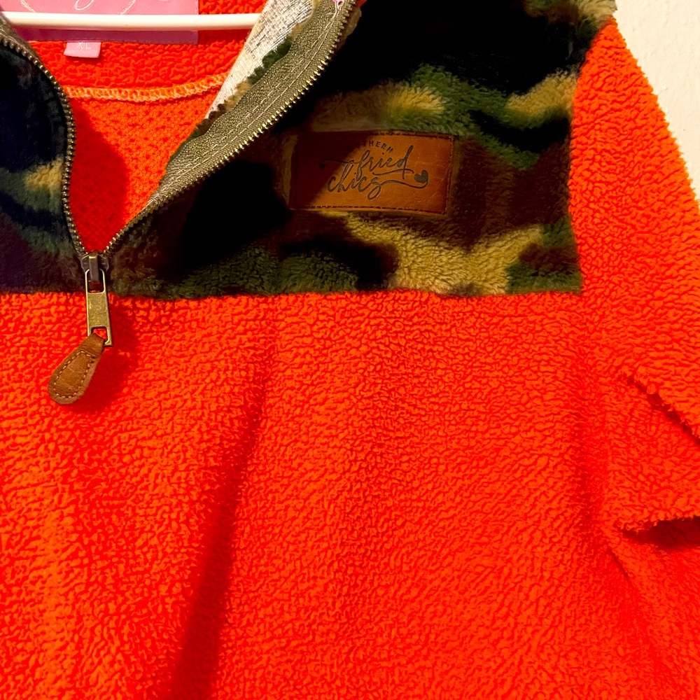 SFC pullover. Orange and camo fleece